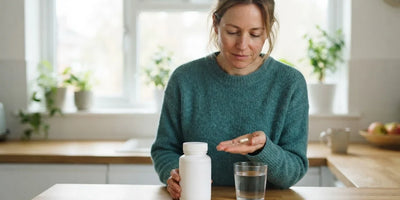 A woman at a breakfast counter with a plain bottle, a glass of water and one capsule