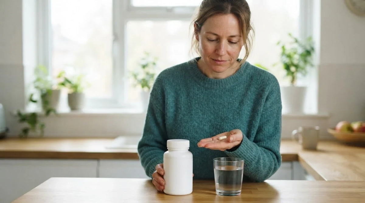 A woman at a breakfast counter with a plain bottle, a glass of water and one capsule