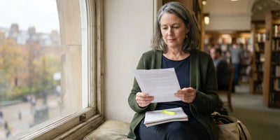 A woman reading a printed paper in a library window seat
