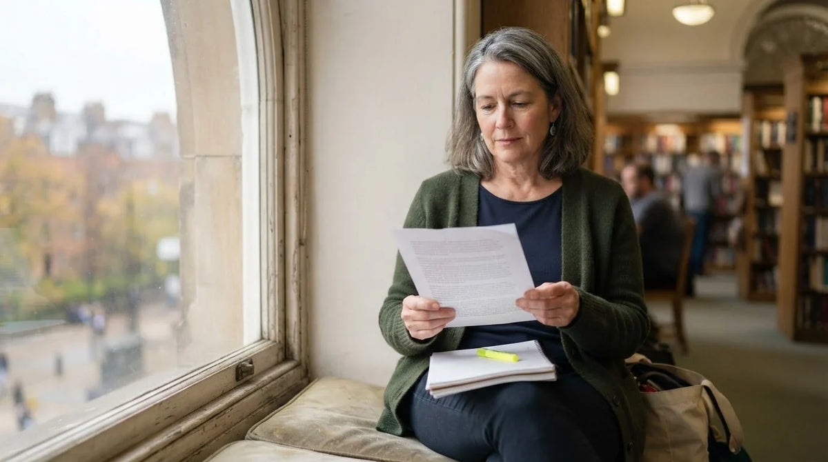 A woman reading a printed paper in a library window seat