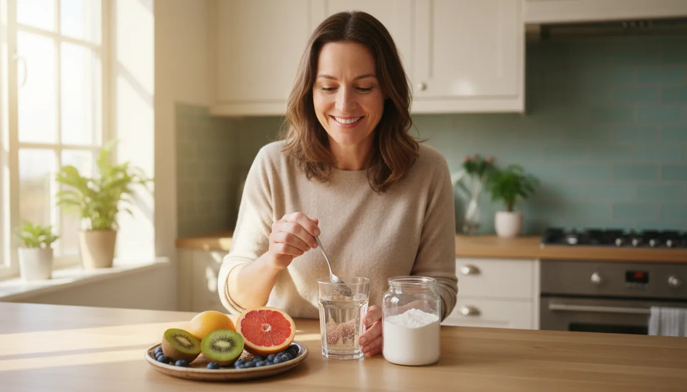 Woman examining a bag of food-grade diatomaceous earth powder in a bright kitchen