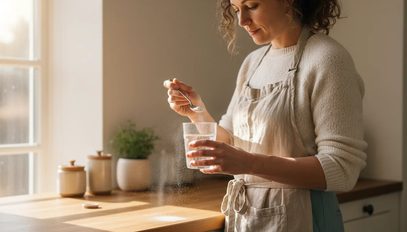 Woman measuring a teaspoon of diatomaceous earth over a glass of water