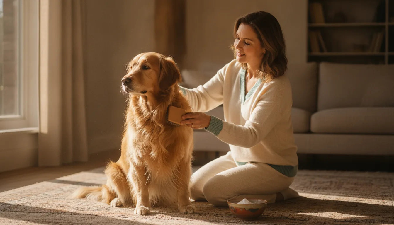Woman brushing a golden retriever beside a bowl of food-grade diatomaceous earth