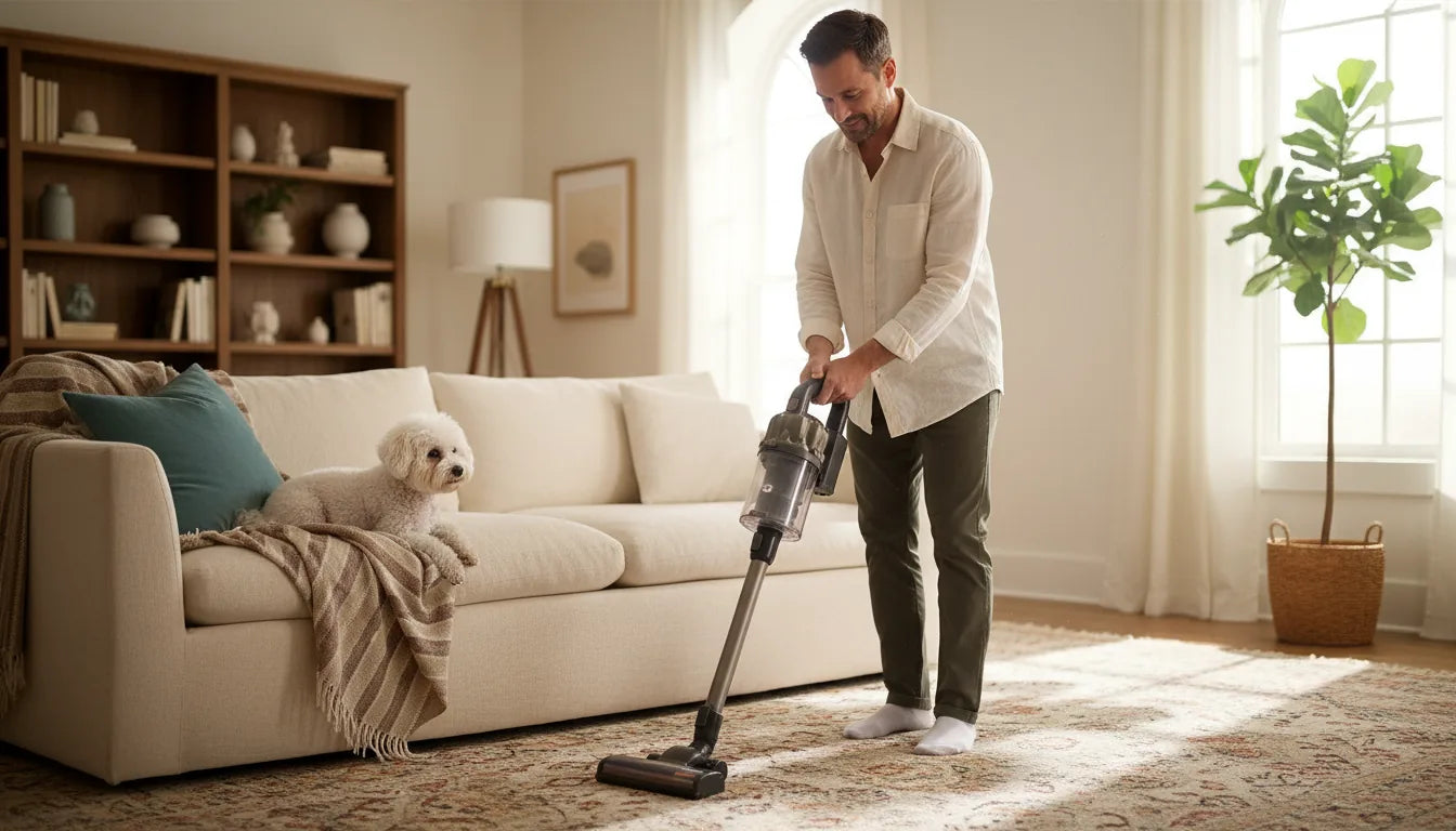 Man vacuuming a living room carpet for fleas while a small dog watches