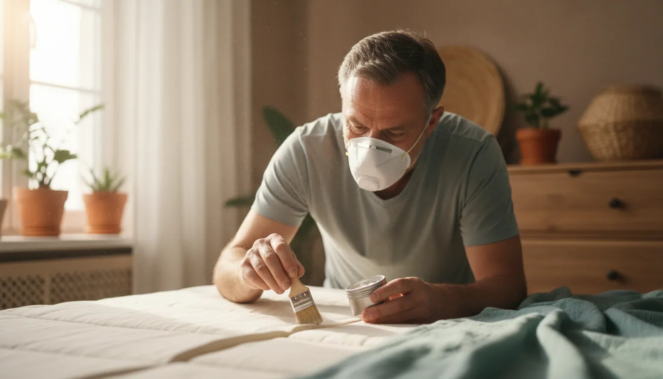 Man in a dust mask dusting diatomaceous earth into a mattress seam