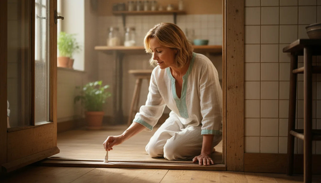 Woman dusting a thin line of diatomaceous earth across a kitchen threshold