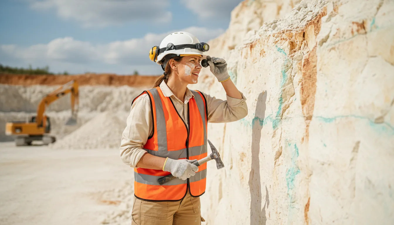 Geologist in a hard hat inspecting a pale diatomite rock face at a quarry