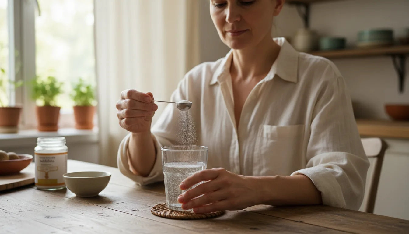 Woman levelling a half teaspoon of diatomaceous earth over a glass of water