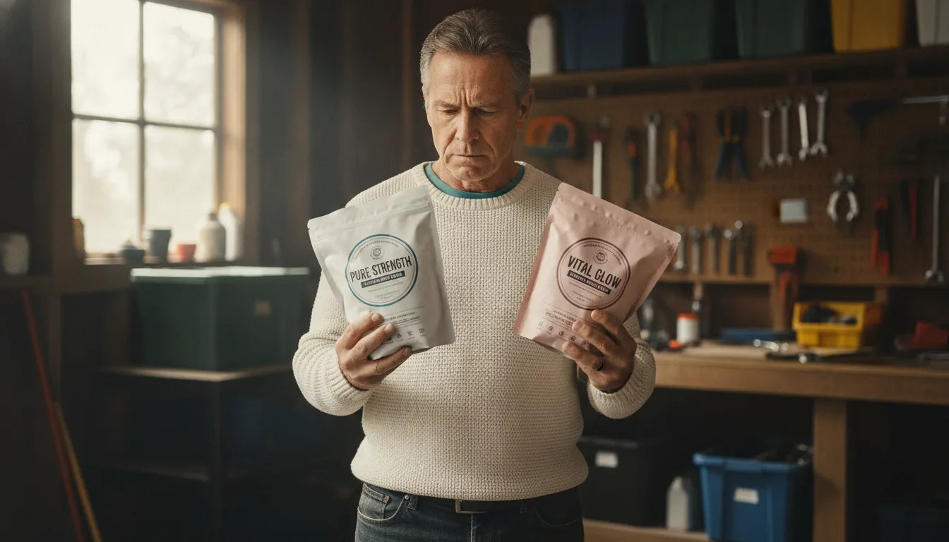 Man comparing food-grade and pool-grade diatomaceous earth bags in a garage