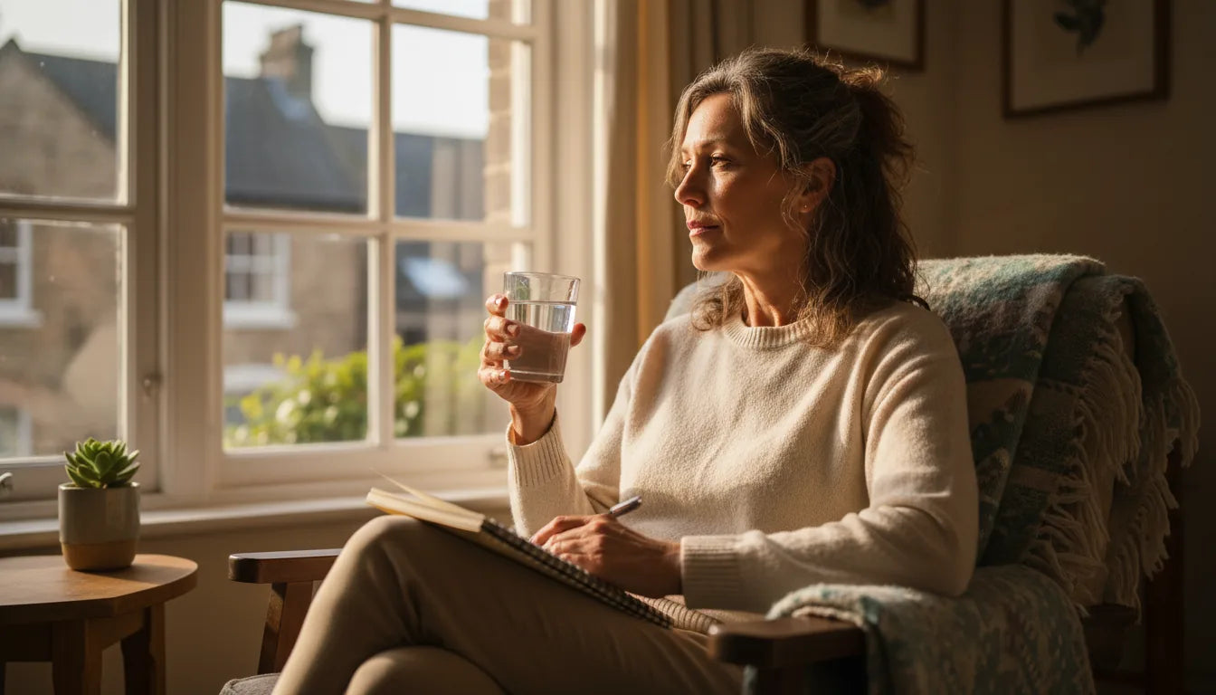 Woman with a glass of water and a notebook sitting by a sunlit window