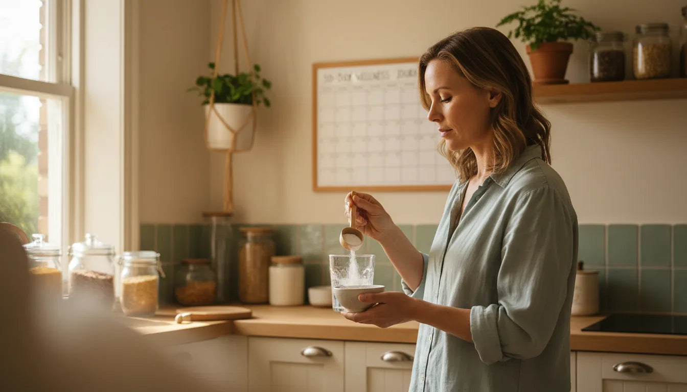 Woman preparing a glass of diatomaceous earth beside a 30-day plan calendar