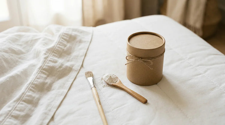 Kraft jar of white DE powder beside a folded linen sheet and small brush on a white mattress - bed bug treatment guide