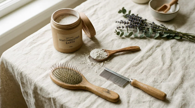 Kraft jar of white DE powder beside a dog brush and flea comb on pale linen - natural flea control guide