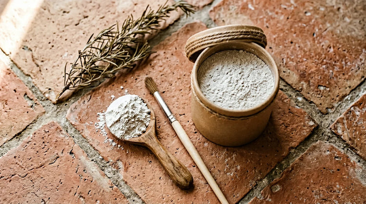 Kraft jar of diatomaceous earth powder beside a paintbrush and wooden spoon on terracotta tile - natural insecticide guide