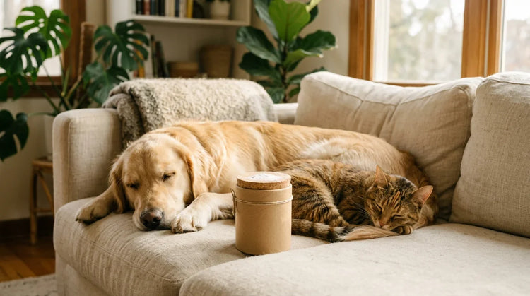 Kraft jar of white DE powder beside a golden retriever and tabby cat resting on pale linen - pet safety guide