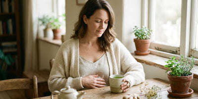 Woman seated at warm oak table holding clear glass mug of peppermint tea with hand resting gently on stomach in soft afternoon light