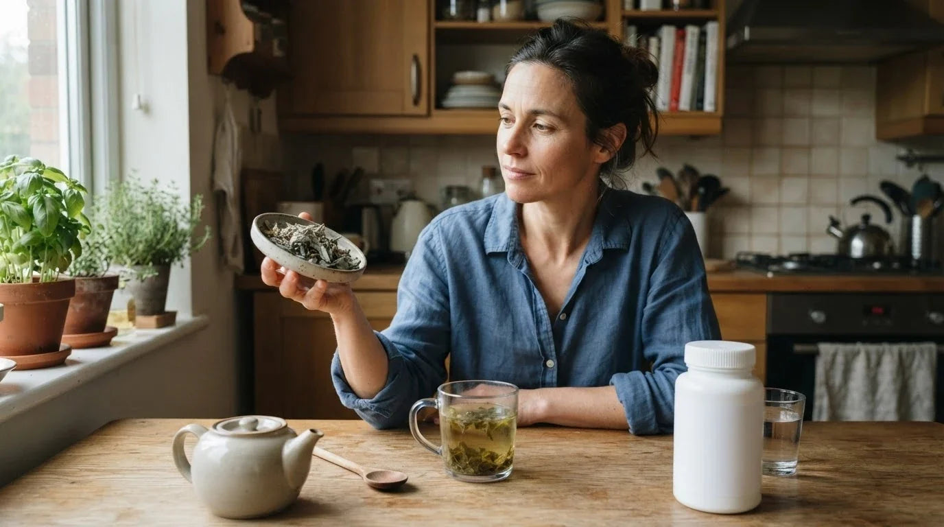 A woman at her kitchen table examining a dish of dried damiana leaf beside a cup of tea
