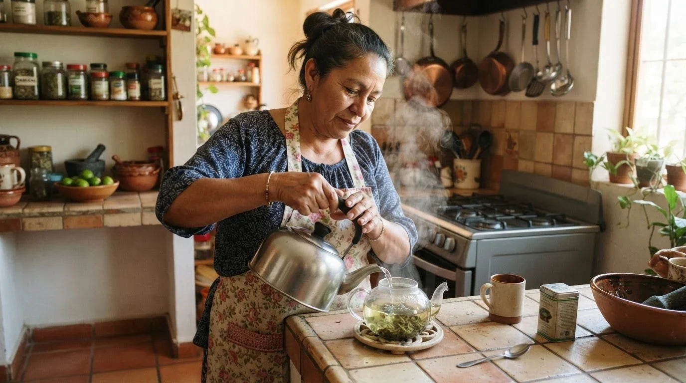 A woman pouring hot water onto dried damiana leaf in a glass teapot