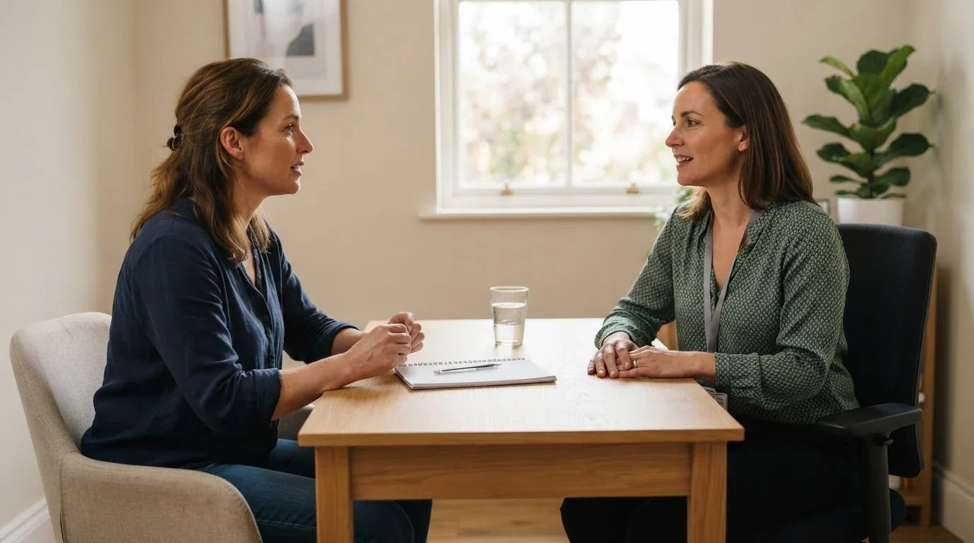 A woman talking with a clinician across a plain desk in a consulting room