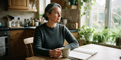 A woman in her fifties sitting composed at her kitchen table with tea and a blank notebook