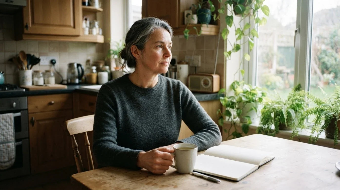A woman in her fifties sitting composed at her kitchen table with tea and a blank notebook