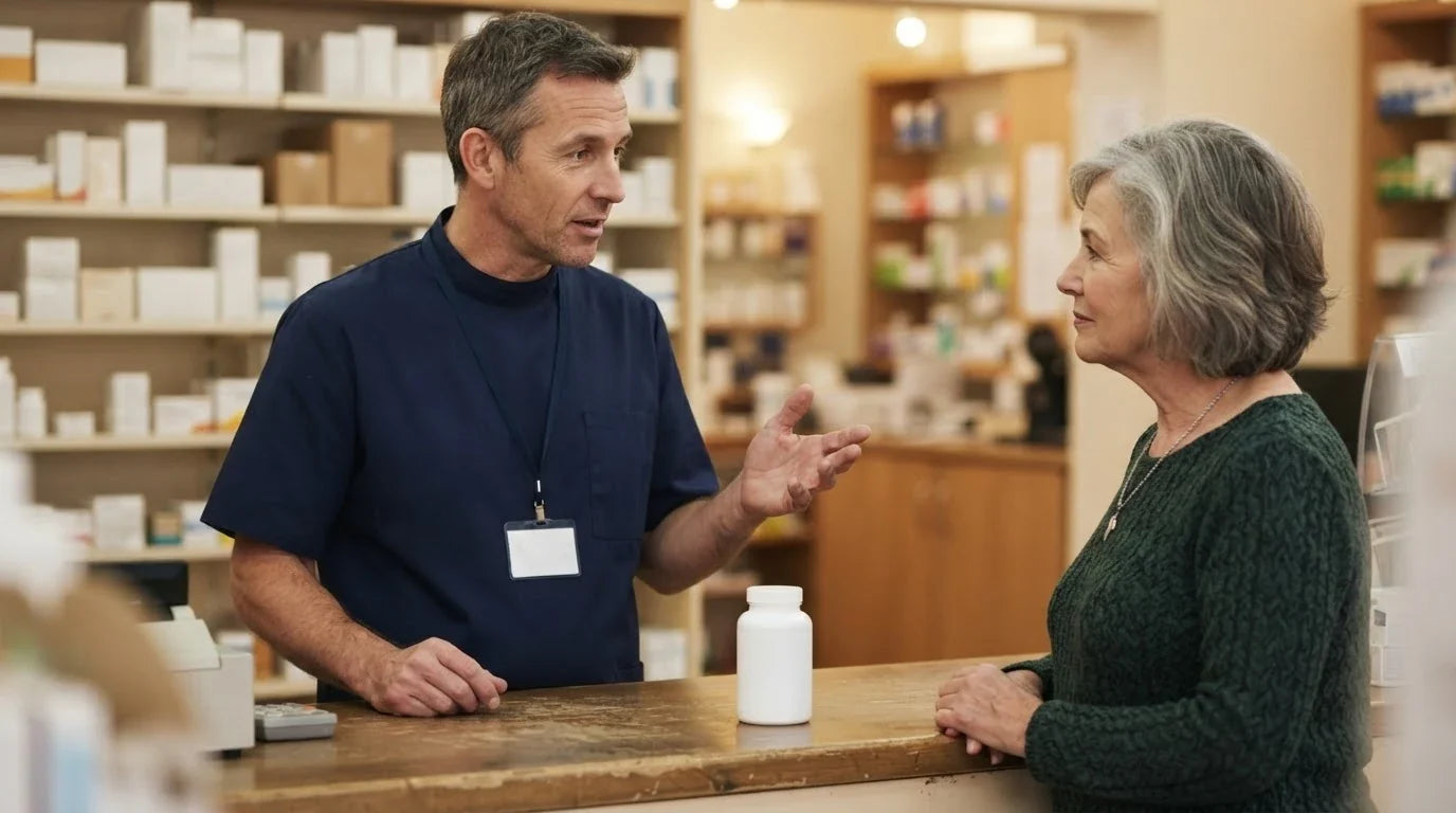 A pharmacist talking with a customer across the counter beside a plain supplement bottle
