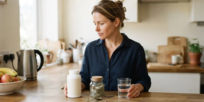 A woman at her kitchen counter with a supplement bottle and a jar of dried damiana leaf