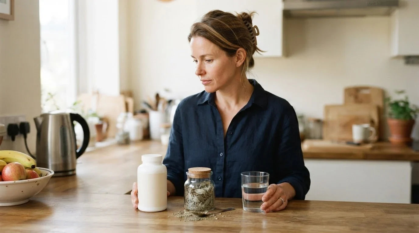 A woman at her kitchen counter with a supplement bottle and a jar of dried damiana leaf