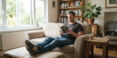 A man reading a book on the sofa with a mug of tea in a bright living room