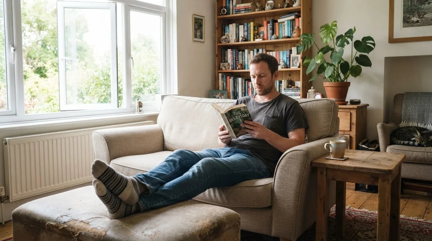 A man reading a book on the sofa with a mug of tea in a bright living room