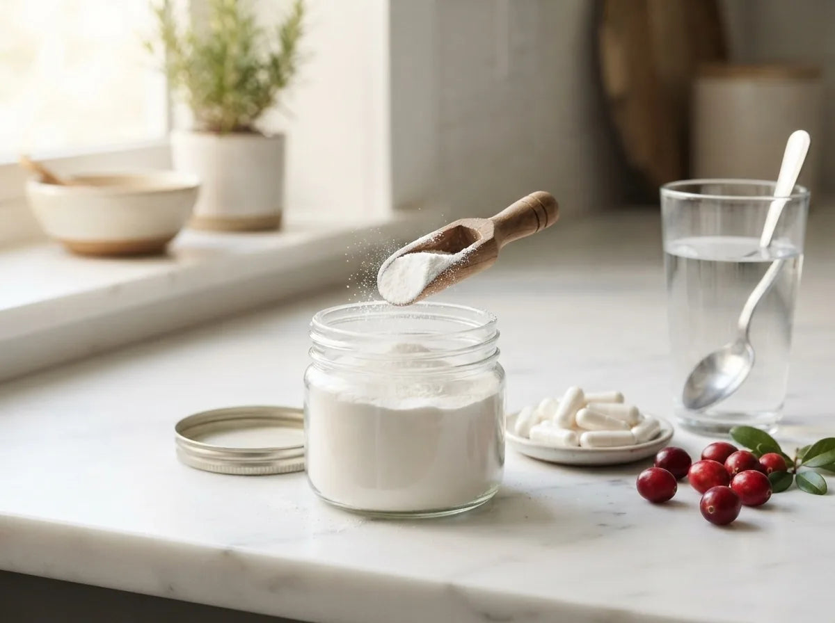 D-mannose powder and capsules beside a glass of water and cranberries