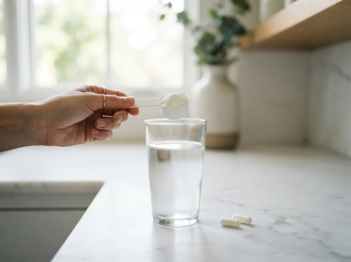 A scoop of D-mannose powder and capsules showing a daily dose