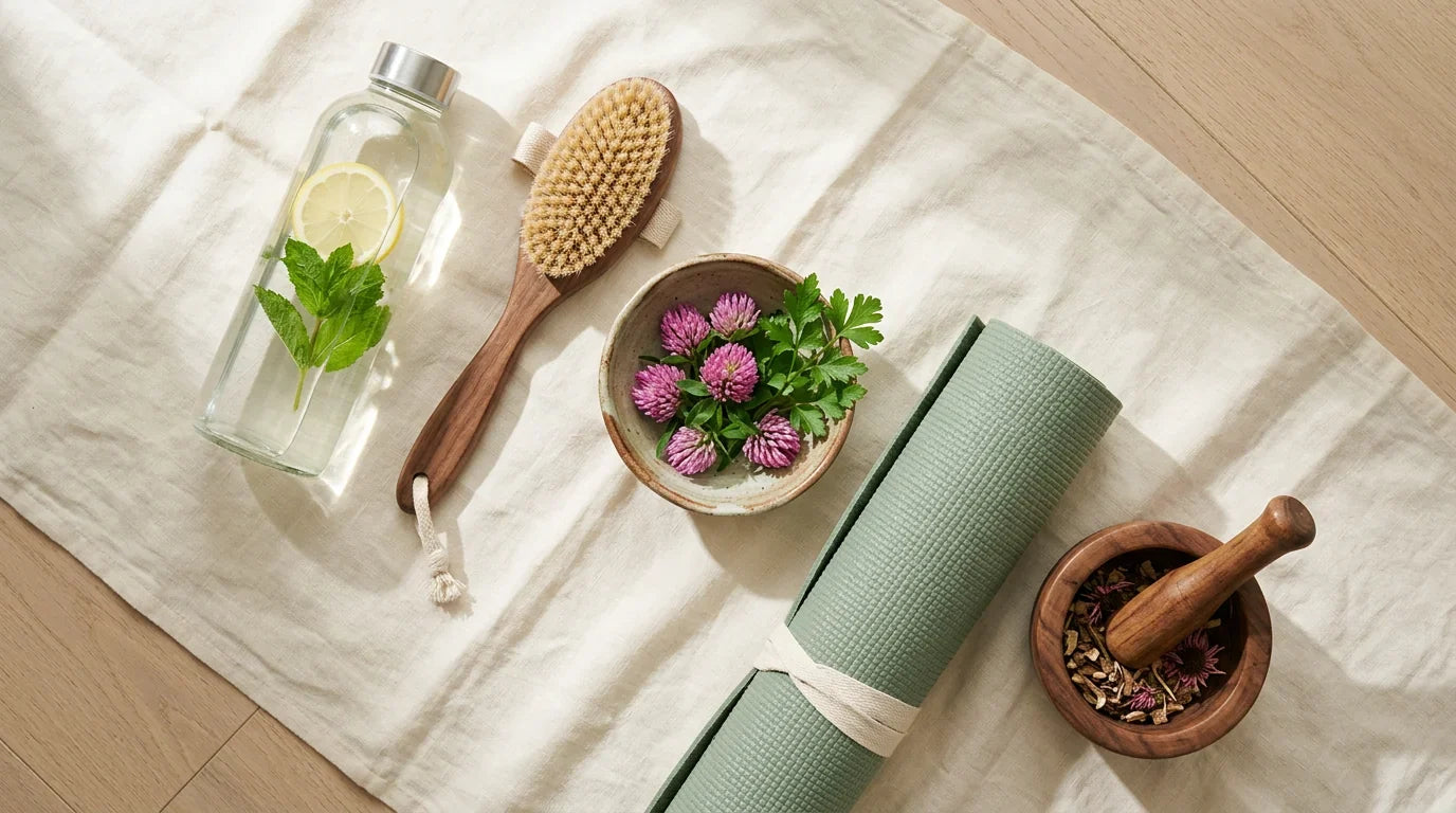 Vue de dessus à plat d'une bouteille d'eau en verre, d'herbes fraîches, d'une brosse sèche et d'un tapis de yoga sous une douce lumière du jour.