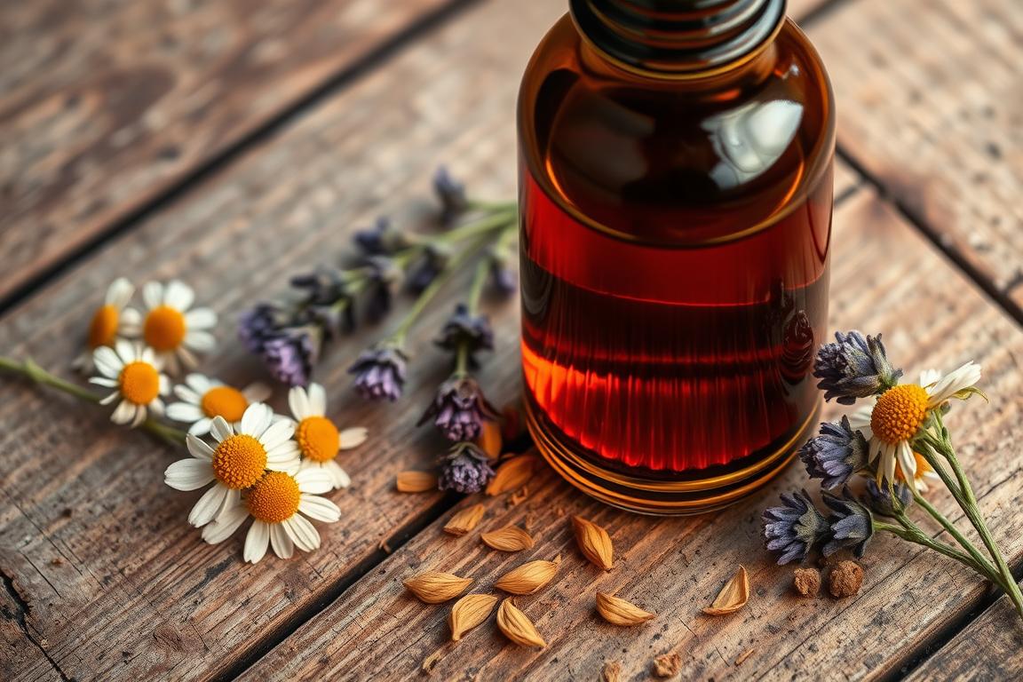 Amber herbal tincture bottle surrounded by chamomile flowers and lavender sprigs on a rustic wooden surface — best herbal tincture for sleep and insomnia