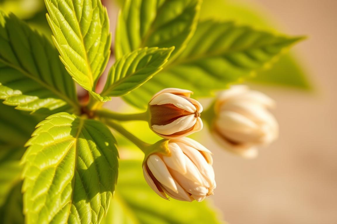 A bottle of horse chestnut extract for rosacea next to a fresh horse chestnut.