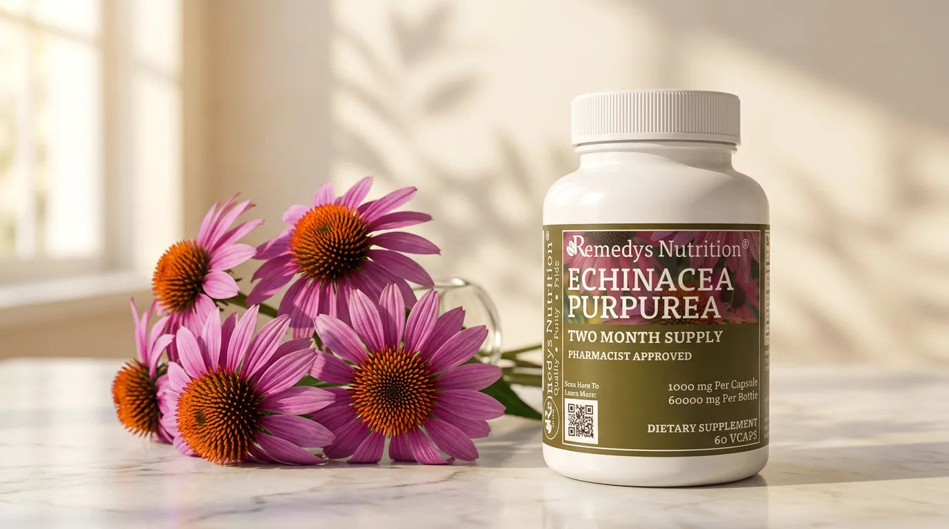 Woman holding a purple echinacea coneflower and a vegan supplement bottle in a bright kitchen