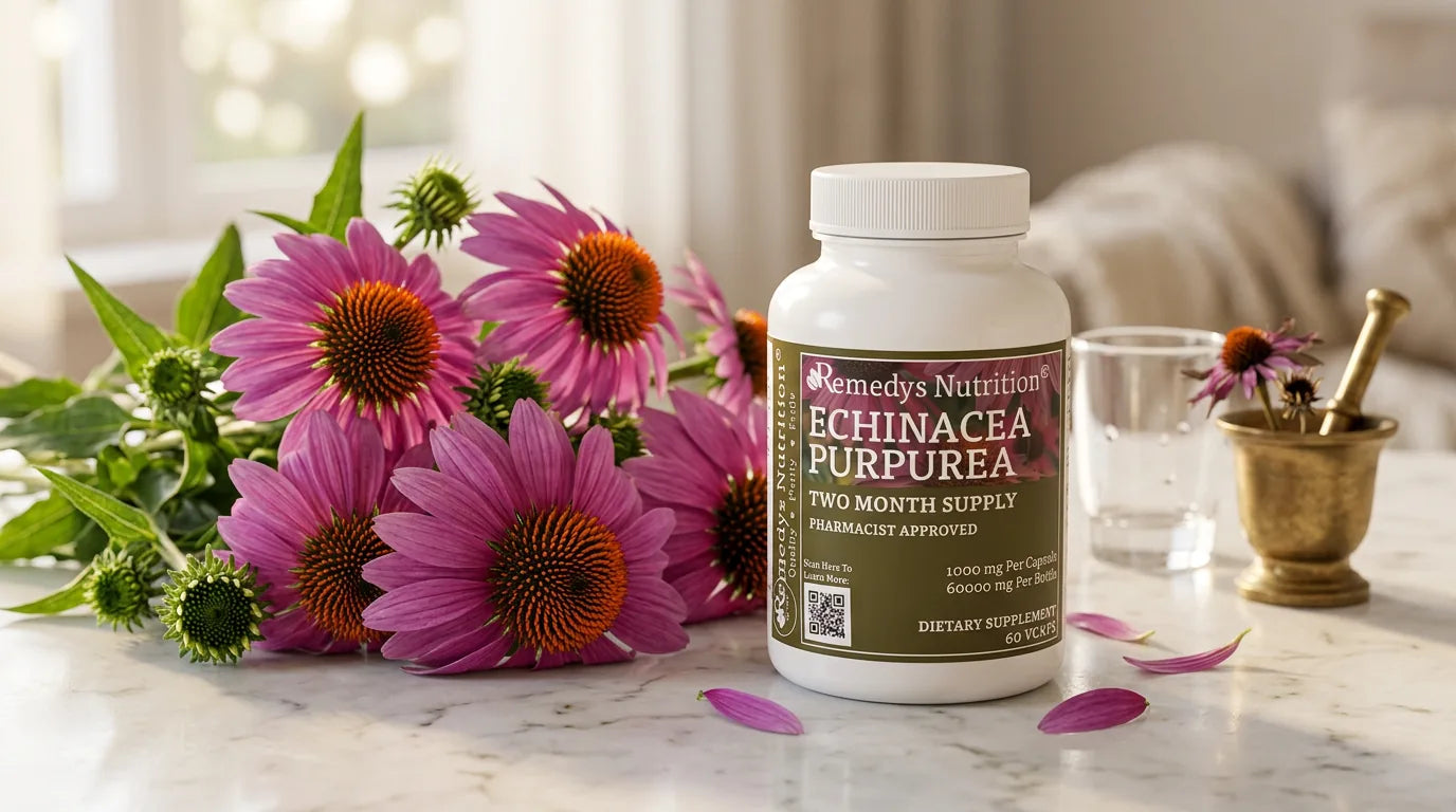 Healthy smiling woman in a garden holding purple echinacea flowers