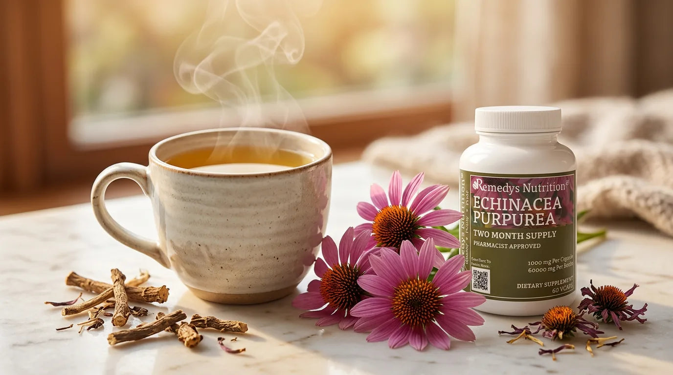 Woman wrapped in a blanket holding a warm cup of echinacea tea during a cold