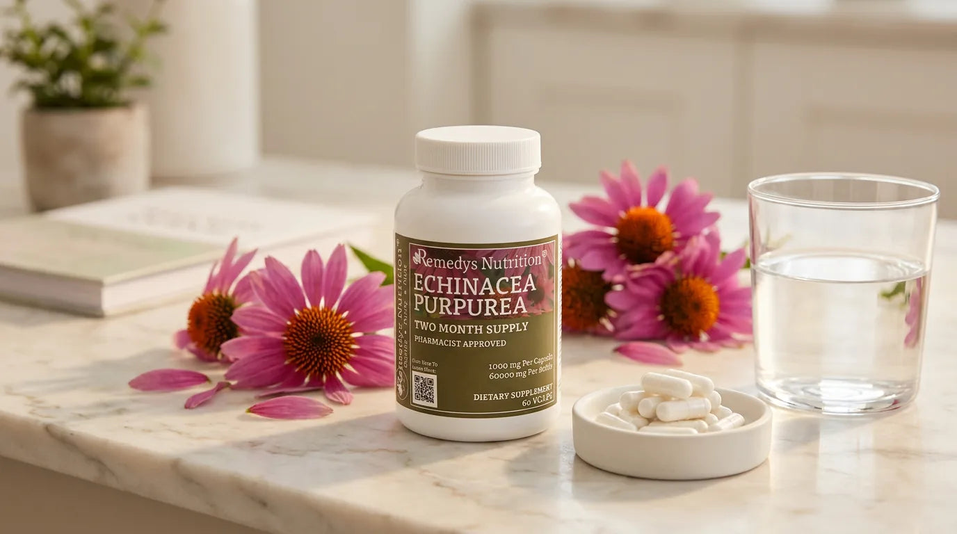 Woman dispensing echinacea tincture drops into a glass of water