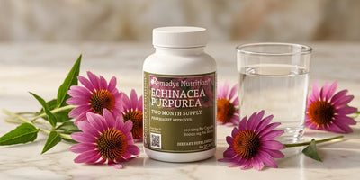Woman thoughtfully reading an echinacea supplement bottle for safety