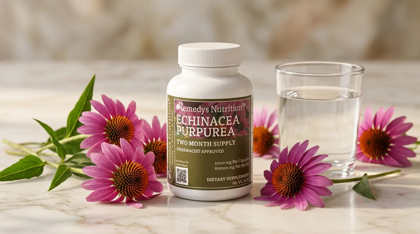 Woman thoughtfully reading an echinacea supplement bottle for safety