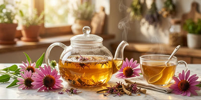 Woman enjoying a cup of echinacea herbal tea with fresh coneflowers