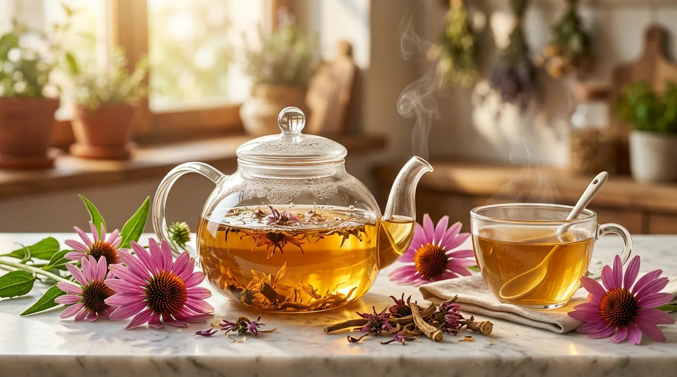 Woman enjoying a cup of echinacea herbal tea with fresh coneflowers