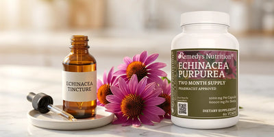 Person comparing an echinacea tincture dropper bottle and a capsule bottle