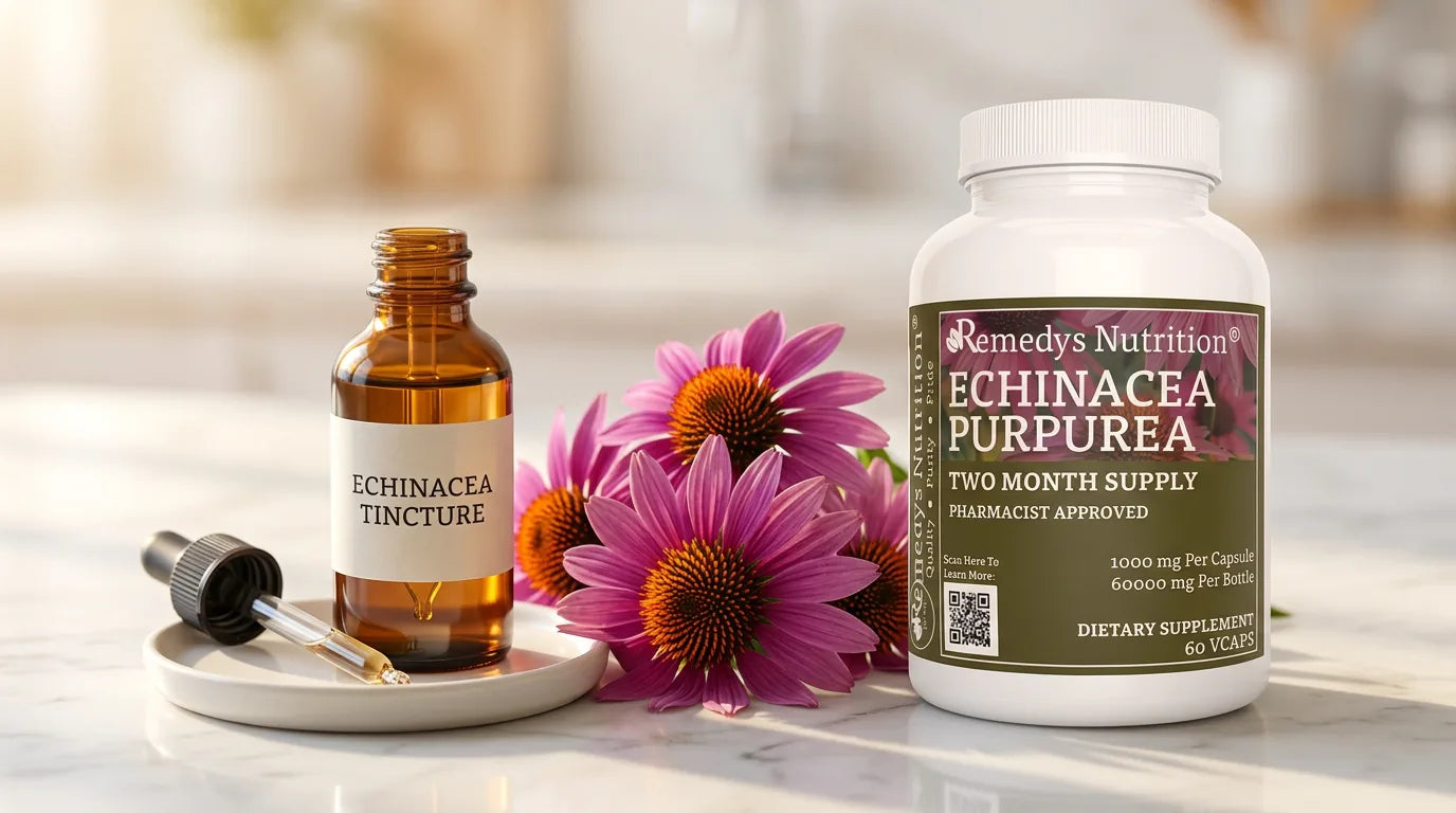 Person comparing an echinacea tincture dropper bottle and a capsule bottle