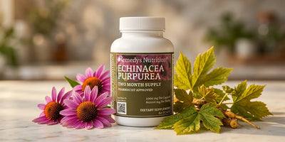 Person holding an echinacea-goldenseal combination supplement with herbs