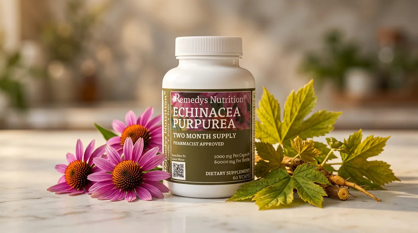 Person holding an echinacea-goldenseal combination supplement with herbs