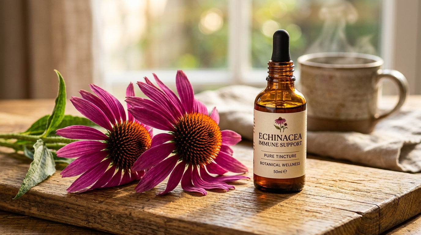 Vibrant purple echinacea coneflowers with amber tincture dropper bottle on golden wood