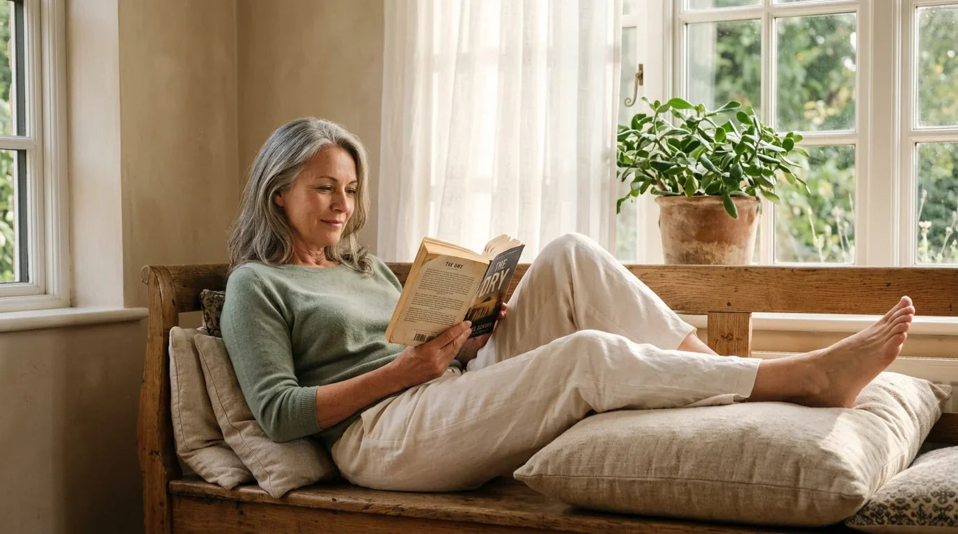 Une femme mûre, les jambes surélevées sur un coussin, lit un livre près d'une fenêtre ensoleillée.