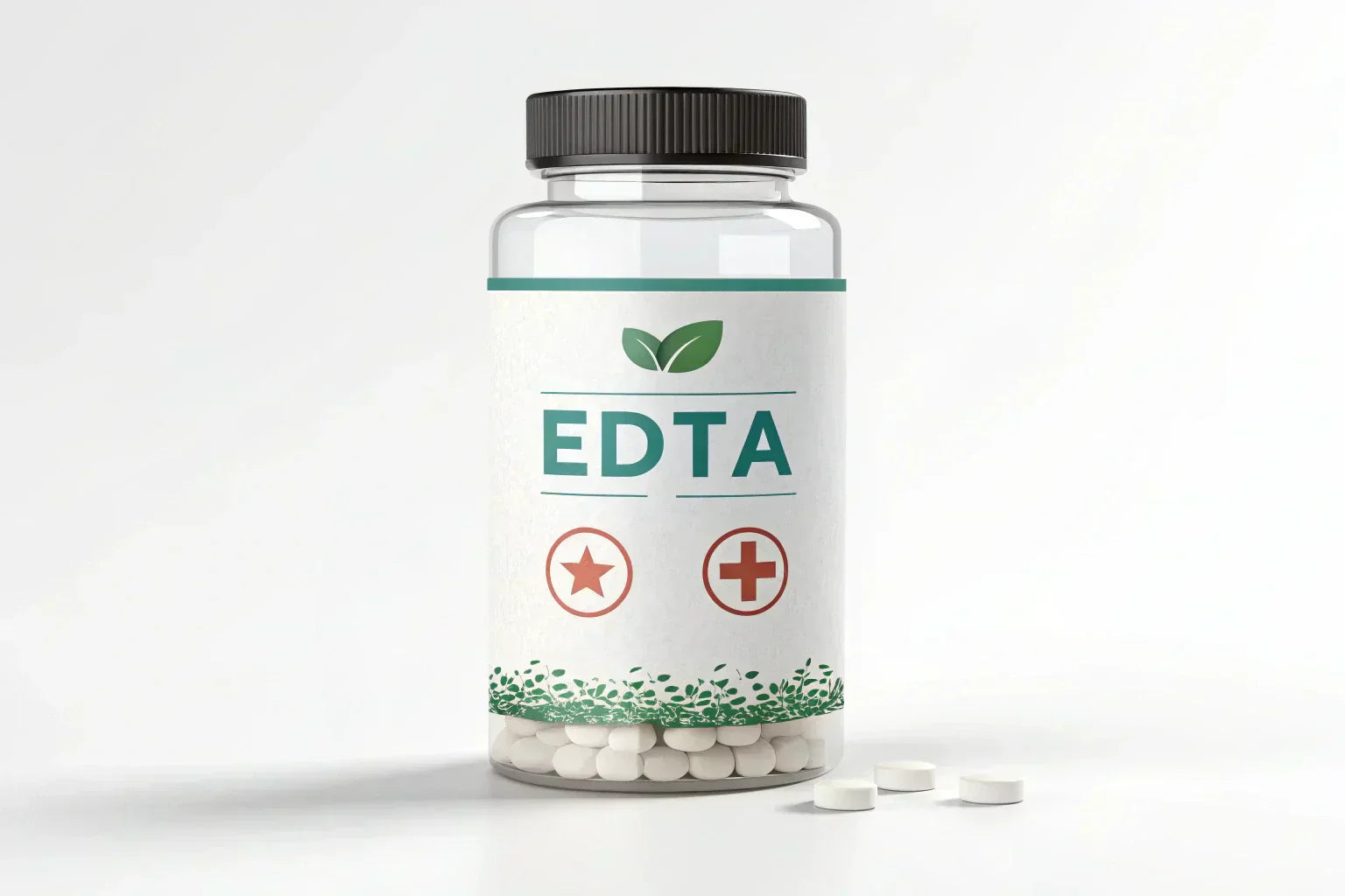 A clear bottle of EDTA supplements with a white and green label, filled with white tablets. Three tablets are placed on the white surface in front of the bottle.
